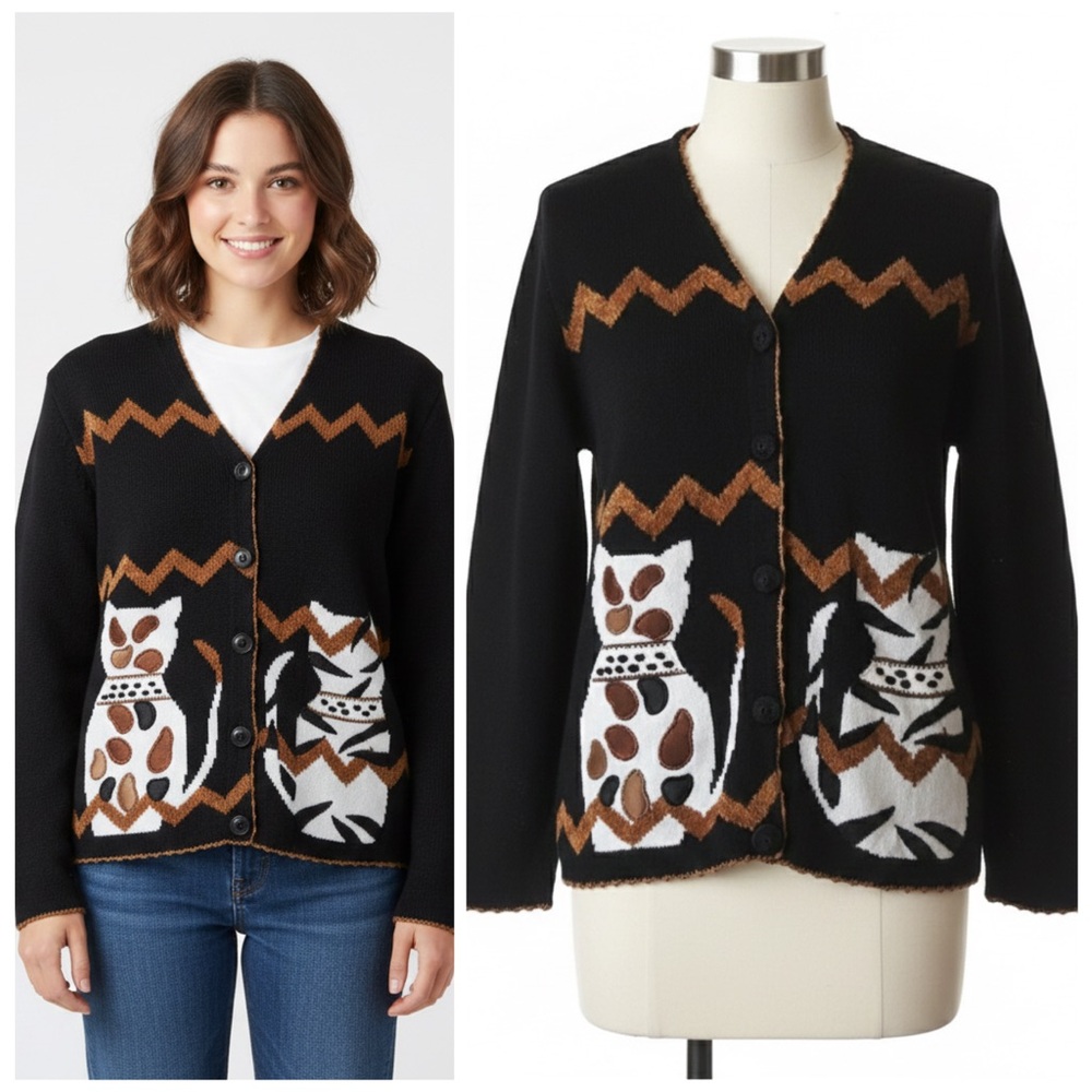 Vintage 90s Victoria Harbour Cat Cardigan Whimsigoth Cottagecore Soft Knit Sz M - Picture 13 of 13